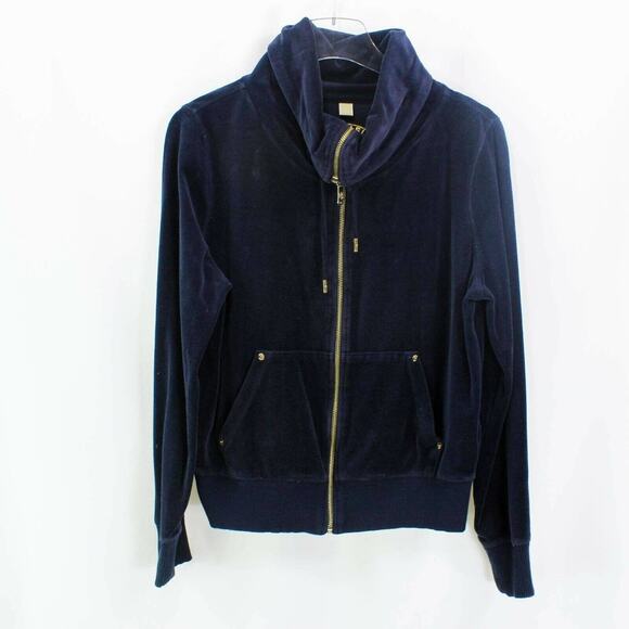 Michael Kors Sweaters - Michael Kors Womens Velvet Jacket Blue Front Zipper Pockets Drawstring